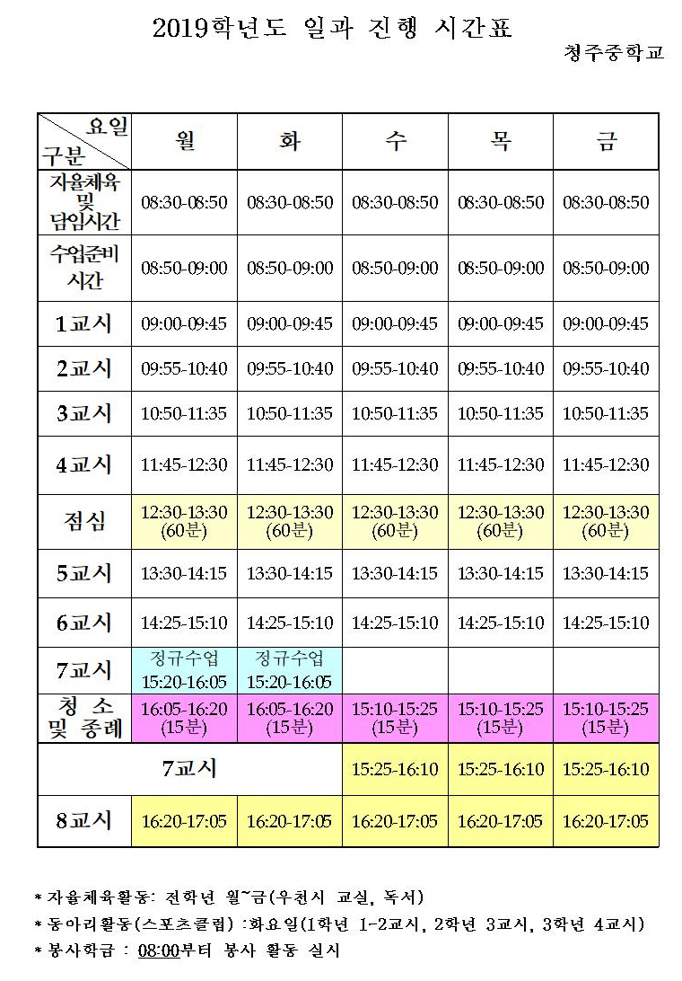 (변경)2019학년도 일과 진행 시간표